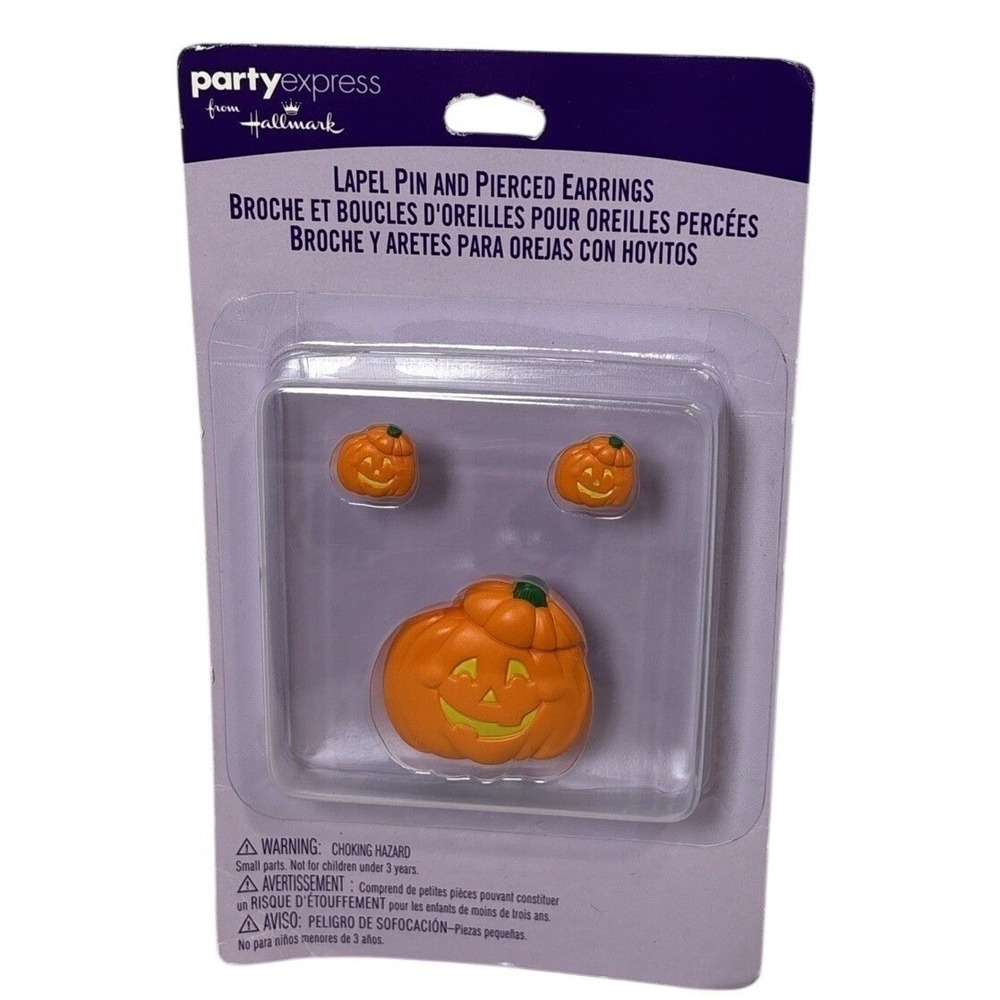 Party Express Hallmark Pumpkin Lapel Pin Pushed Earings Brochette Set Whimsical